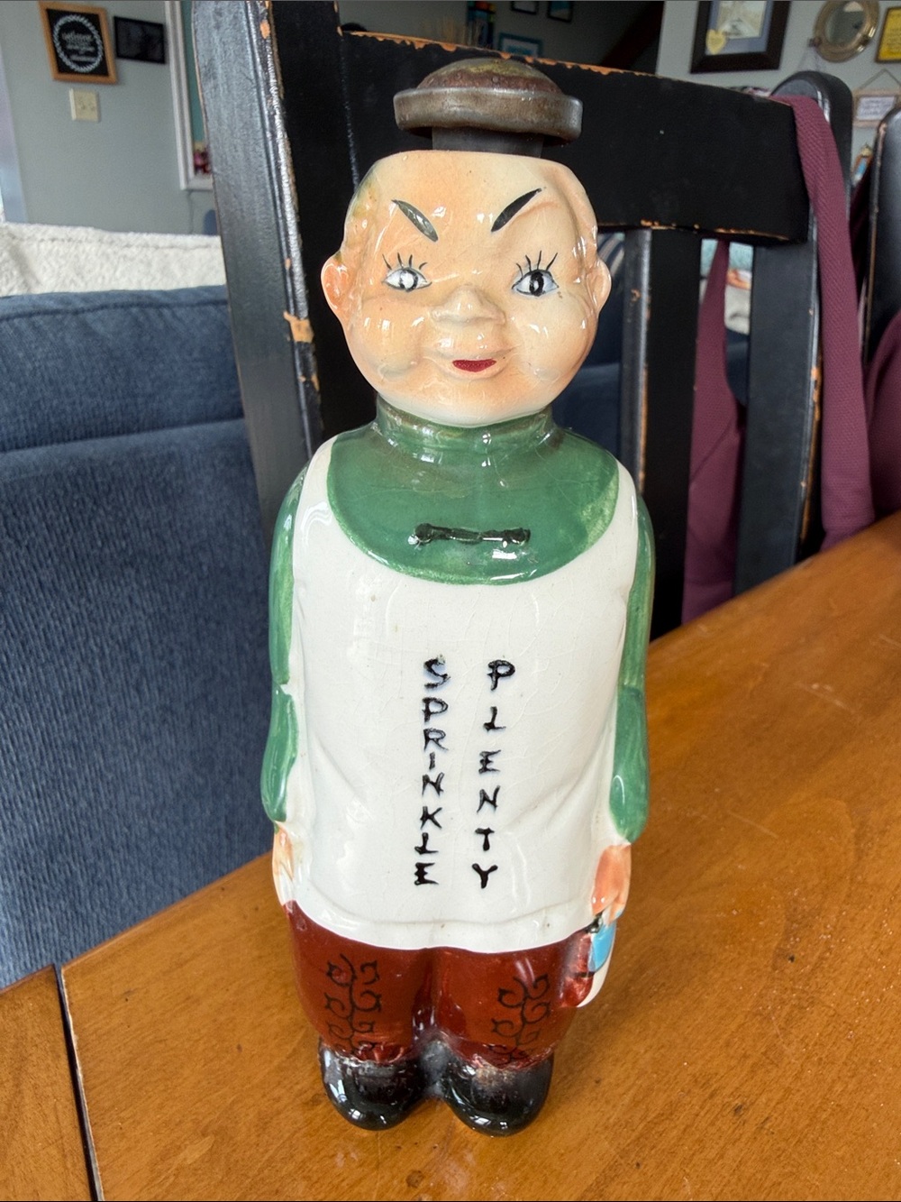 1950’s Green and White Ceramic laundry sprinkler titled as gentleman